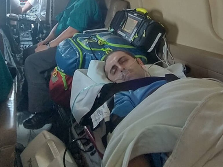 Photo of Codey Vargas being airlifted to Kessler Institute for Rehabilitation. 
